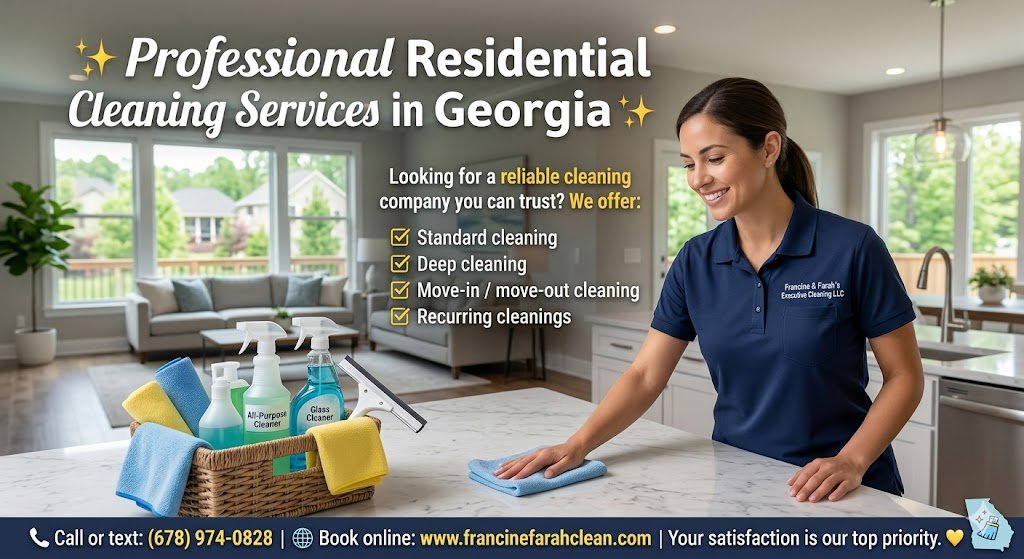 Professional Cleaning Services in Georgia Keeping your home clean, fresh, and comfortable should not feel overwhelming. At Francine & Farah’s Executive Cleaning LLC, we provide professional residential cleaning services throughout Georgia for homeowners, renters, families, busy professionals, and anyone who needs dependable cleaning help they can trust.